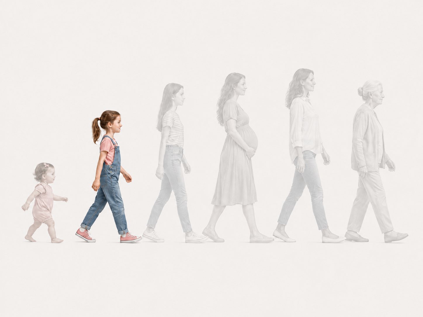 A woman's life course with the childhood stage highlighted